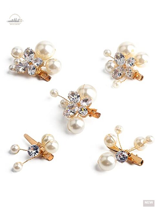 Set of 5 Small Pearl Rhinestone Alligator Hair Clips, Bridal Wedding Prom main image 4
